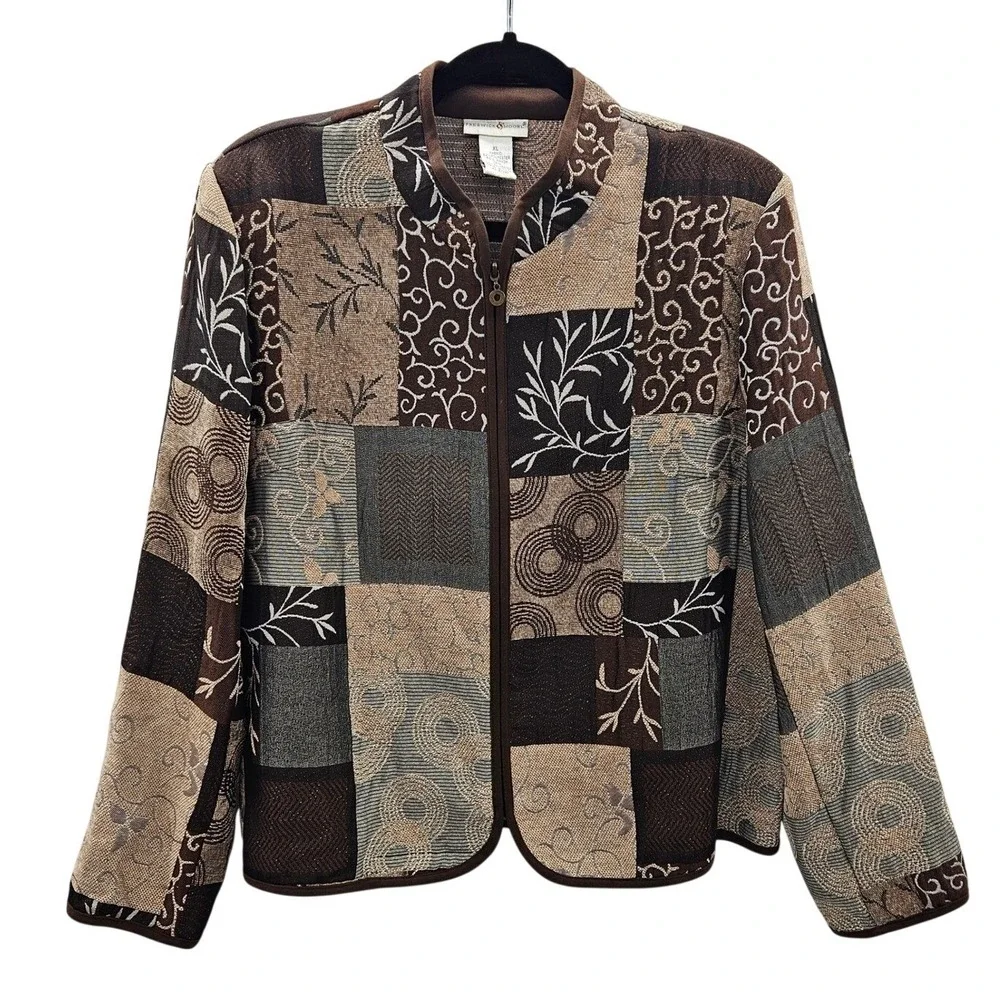 Preswick & Moore Womens XL Tapestry Patchwork‎ Zip Jacket Brown Tan Boho Floral